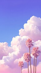 Pixelated Palm Trees And Fluffy Clouds Against A Pastel Sky