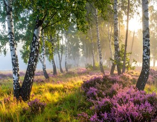 Sunrise illuminates birch trees and heather in a misty forest