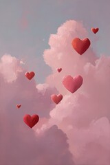 Pixelated Red Hearts Floating Amidst Soft Pink Clouds Against a Blue Sky