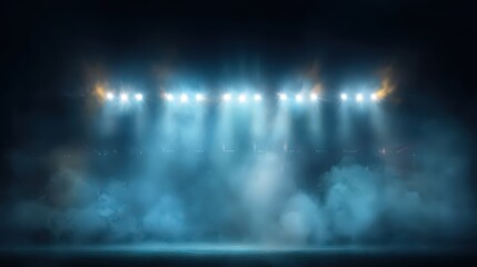 Stadium Lights Shining Through Foggy Dark Night Sky Blue Toned