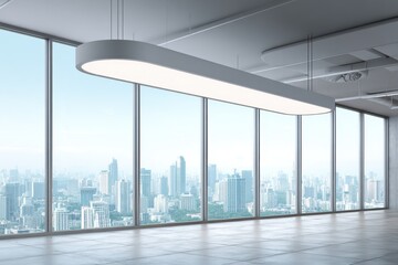 Modern Office Space Interior with Panoramic City View and Dramatic Lighting