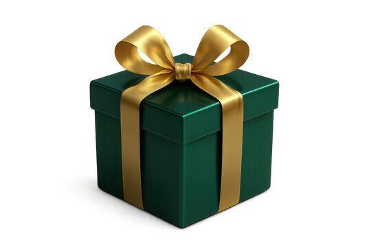 Green gift box with gold ribbon for celebrating holidays, birthdays, and anniversaries on a transparent background