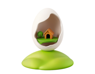 Miniature Home Inside an Eggshell on a Green Hill