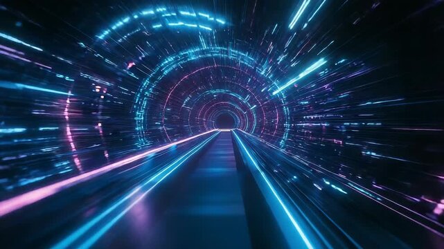 Navigating abstract blue purple neon light data tunnel