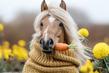 A charming horse wearing a cozy sweater delicately holds a carrot in its mouth. This heartwarming image evokes feelings of warmth, friendship, and simple pleasures.