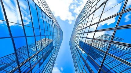 Obraz premium Elevation View of a Futuristic Skyscraper With Blue Glass Panels Reflecting the Sky In a Modern Corporate City Landscape