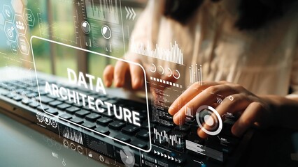 Hands Typing on Keyboard Surrounded by Digital Data Architecture Graphics and Statistics in a Modern Office Environment. Asymptotic smart data analytic.