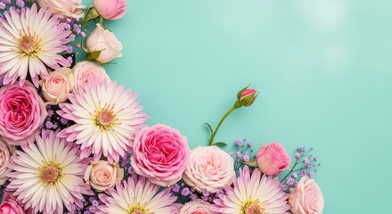 Pink Flowers Bursting on Teal Background Border
