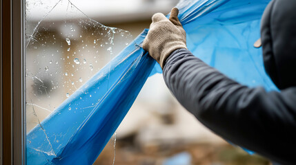 割れた窓ガラスをブルーシートで応急処置する災害対応の様子