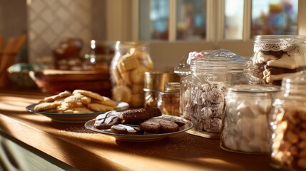 Kitchen counter with leftover holiday treats half empty plates of cookies and candies soft sunlight casting warm reflections
