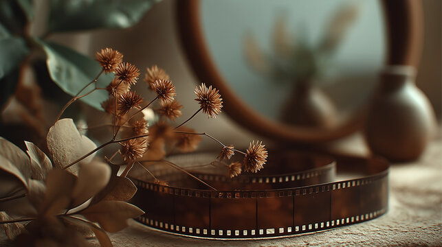 Close-up of vintage film reel and dried flowers near mirror concept of photo booths  