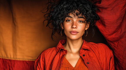 Young woman with curly hair wearing orange outfit against colorful background  