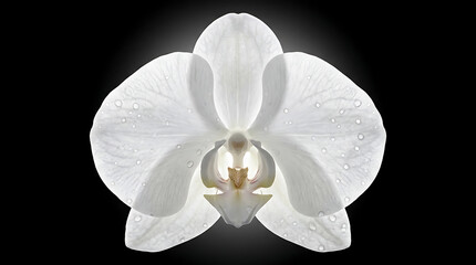 Pure Orchid Beauty: A solitary white orchid flower with delicate petals and subtle dewdrop glistens against a dark backdrop. A symbol of elegance.