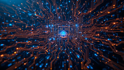 3D digital data box displaying complex financial trends and business graphs with bright orange edges