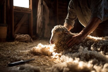 Naklejka premium Farmer shearing sheep for wool in a rustic barn