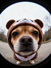 Convex Lens Portrait of Dog in Cute Clothing