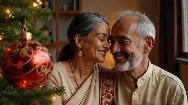 Focus pull from shiny Christmas tree ornament to happy elderly Indian couple smiling in background, festive holiday family love and senior relationship portrait.