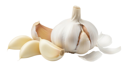 Fresh garlic bulb and cloves on white background, a staple ingredient for healthy cooking.