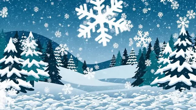 Animated winter landscape with falling snowflakes and evergreen trees