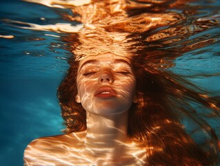 The woman floats with poise in a serene underwater environment, where soft, shimmering light reflections illuminate her, evoking an atmosphere of ethereal calmness