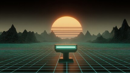 Retro Futuristic Landscape With Pixelated Sun And Digital Grid At Dusk