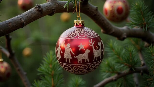 Macro push in on handcrafted Christmas bauble with Indian Warli art design, unique cultural holiday decoration and traditional artistic craft on tree branch.