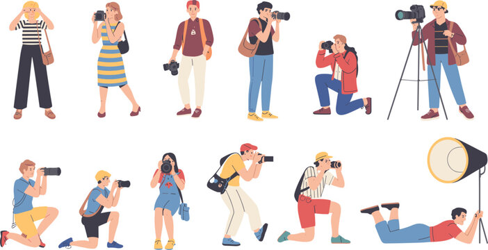 Cartoon photographers taking pictures, various photography poses illustration, professional camera users, creative photo shoot characters, flat style people artwork - Powered by Adobe