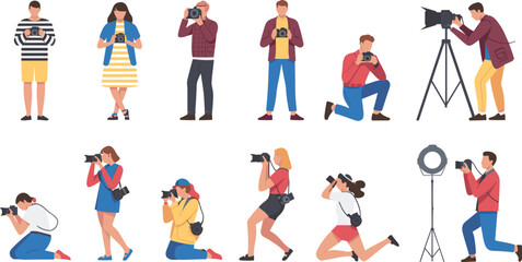 Cartoon photographers taking pictures, various photography poses illustration, professional camera users, creative photo shoot characters, flat style people artwork