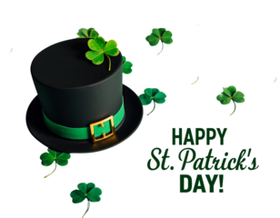 A vector illustration of a green St Patrick's Day leprechaun hat with a four-leaf clover, gold coins, and a shamrock symbol representing Irish luck and celebration