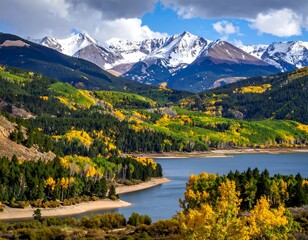 Scenic mountain vista with a lake, autumn foliage, and snow-capped peaks