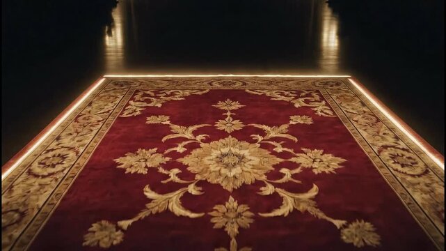 Elegant red carpet with intricate floral patterns illuminated by soft lighting in a darkened room