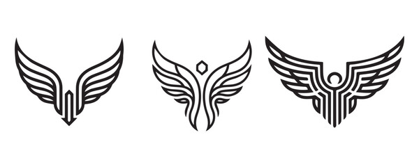 Elegant abstract phoenix wing emblem in minimalist line art style. The symmetrical design features flowing curves and geometric balance, ideal for logos, tattoos, icons, and vector design projects.