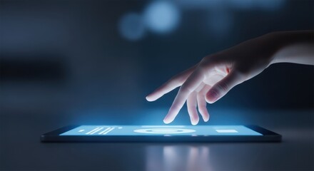 Hand touching futuristic interface on tablet screen