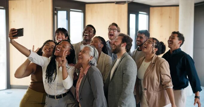 Selfie, happy and business people in office with bonding, support and unity at legal meeting together. Memory, peace sign and group of law attorneys with photography picture for teamwork in workplace