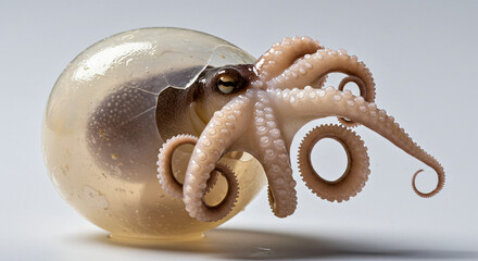 A delicate baby octopus emerges from its translucent eggshell, showcasing the intricate start of new marine life in a captivating moment of aquatic birth