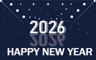 Happy New Year 2026 text inside gold Christmas ball with snowflakes and falling glitter on dark blue background for greeting card