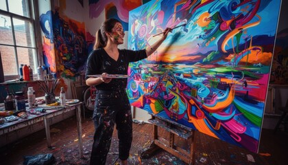 Happy young female artist with paint on her face joyfully works on a large, colorful abstract painting on an easel in her messy, sunlit and creative art studio
