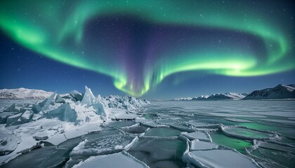 Vibrant green and purple aurora borealis glowing in the starry night sky above a frozen arctic landscape with cracked ice and snow-covered mountains
