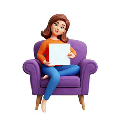 Woman Sitting In Purple Armchair Holding White Square With Transparent Background