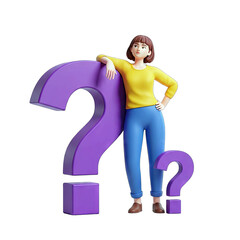 Woman Leaning on Large Purple Question Mark Pondering a Query Beside a Smaller Question Mark Isolated on Transparent Background