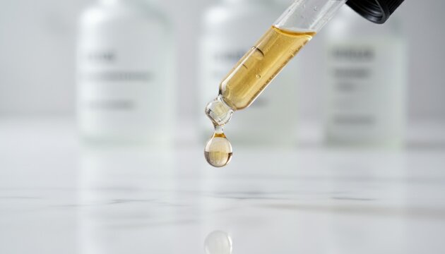 Glass cosmetic dropper with golden serum dripping a single perfect drop onto a white marble surface with blurred skincare bottles in the background in a clean, bright setting - Powered by Adobe