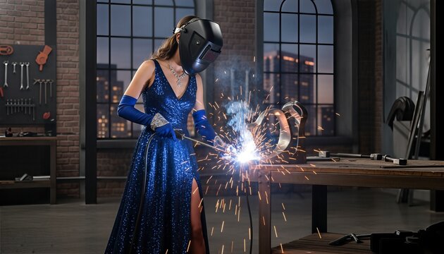 Glamorous woman in a sparkling blue gown and welding mask works on a metal sculpture in an industrial workshop, creating bright sparks with a torch - Powered by Adobe