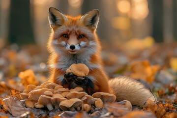 Obraz premium A vibrant red fox sits calmly amidst a colorful autumn landscape filled with mushrooms and fallen leaves. The scene evokes a sense of tranquility and natural beauty.