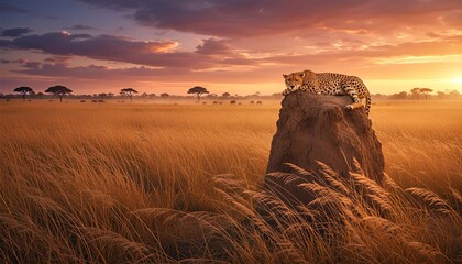 Beautiful spotted cheetah resting peacefully on a termite mound, surveying the vast savanna during a stunning golden sunset with a herd of wildlife in the distance