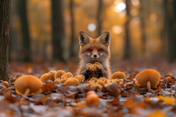 Obraz premium A vibrant red fox rests peacefully in a woodland clearing, enveloped by a rich carpet of autumn leaves and colorful mushrooms. A serene wildlife scene.