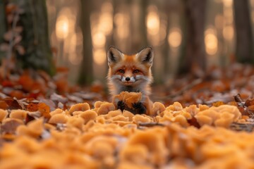 Obraz premium A vibrant red fox cautiously emerges from a colorful bed of fallen autumn leaves within a dense forest setting. The image captures a moment of quiet observation and the beauty of the fall season.
