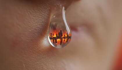 Single clear teardrop reflecting a burning apocalyptic city skyline hangs on human skin, symbolizing grief over disaster and environmental catastrophe