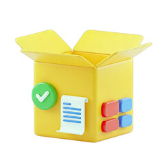 Yellow 3D Open Cardboard Box With Check Mark And Document On Transparent Background Ready For Shipping Or Delivery Concept