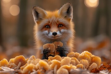 Obraz premium A red fox cautiously emerges from behind a cluster of vibrant mushrooms amidst a rich carpet of fallen autumn leaves. A serene and natural scene.