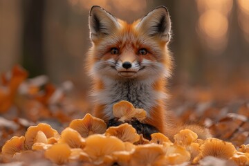 Obraz premium A curious fox cautiously emerges from a vibrant bed of colorful autumn mushrooms. This image captures a moment of wildlife and nature's beauty.